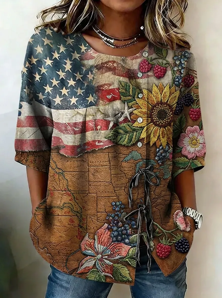 Women's Nashville USA Flag Sunflower Berry Printed Button Top