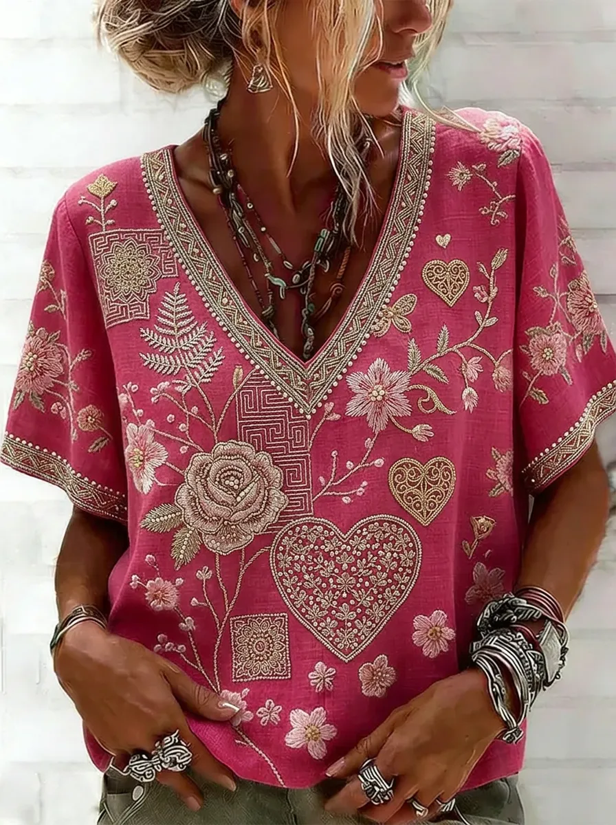 Women's Nashville Floral Heart Embroidered Printed V-neck Top