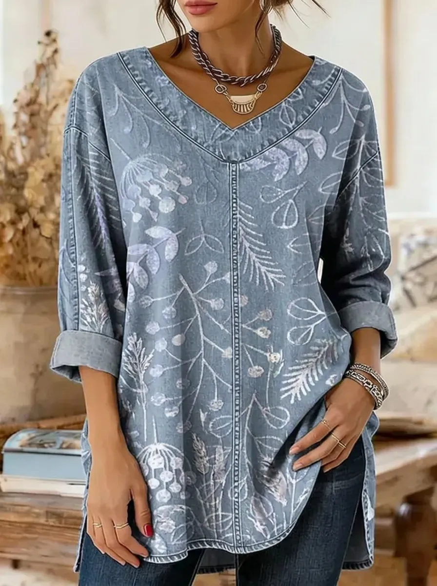 Women's Nashville Botanical Floral Printed Denim V-Neck Top