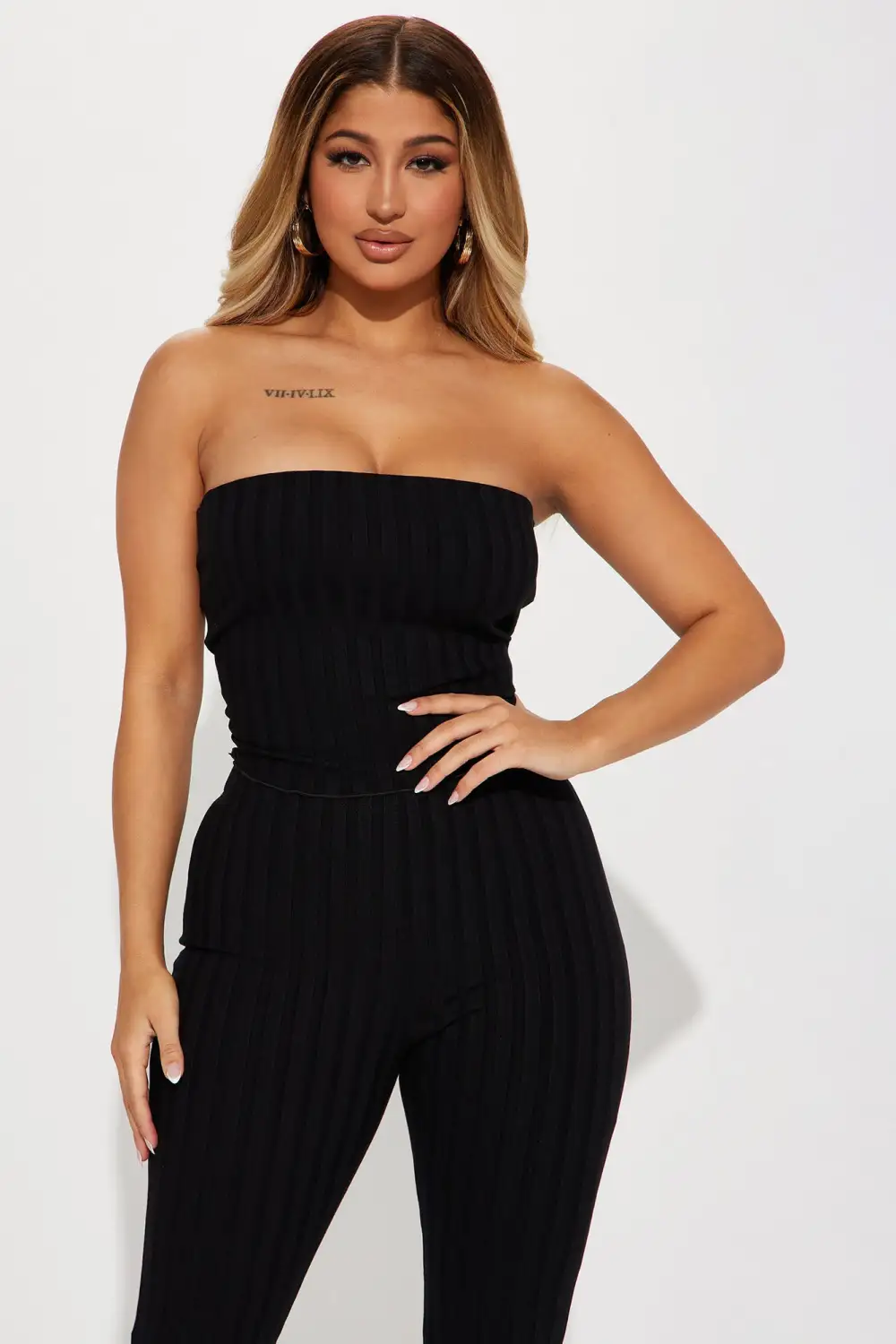 Playing Nice Ribbed Pant Set  - Black