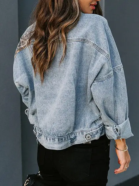 Leopard Patchwork Ripped Denim Jacket