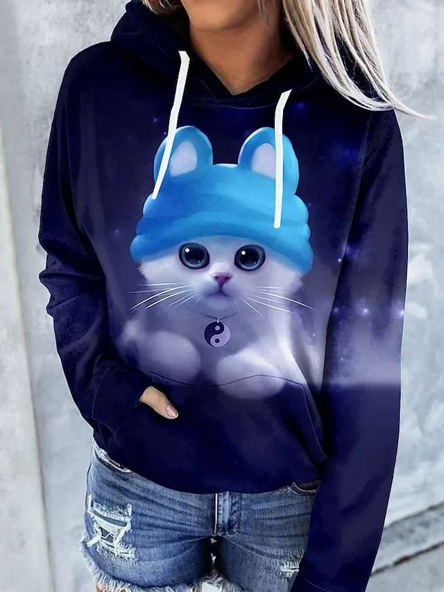 Women's Hoodie Pullover Cat Graphic Tie Dye Front Pocket Print Daily Other Prints Basic Casual Hoodies Sweatshirts  Blue Black Brown