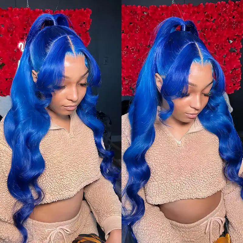 Sterly Royal Blue 13x6 Full Frontal Lace Body Wave Human Hair Wigs Pre Colored Blue Wigs
