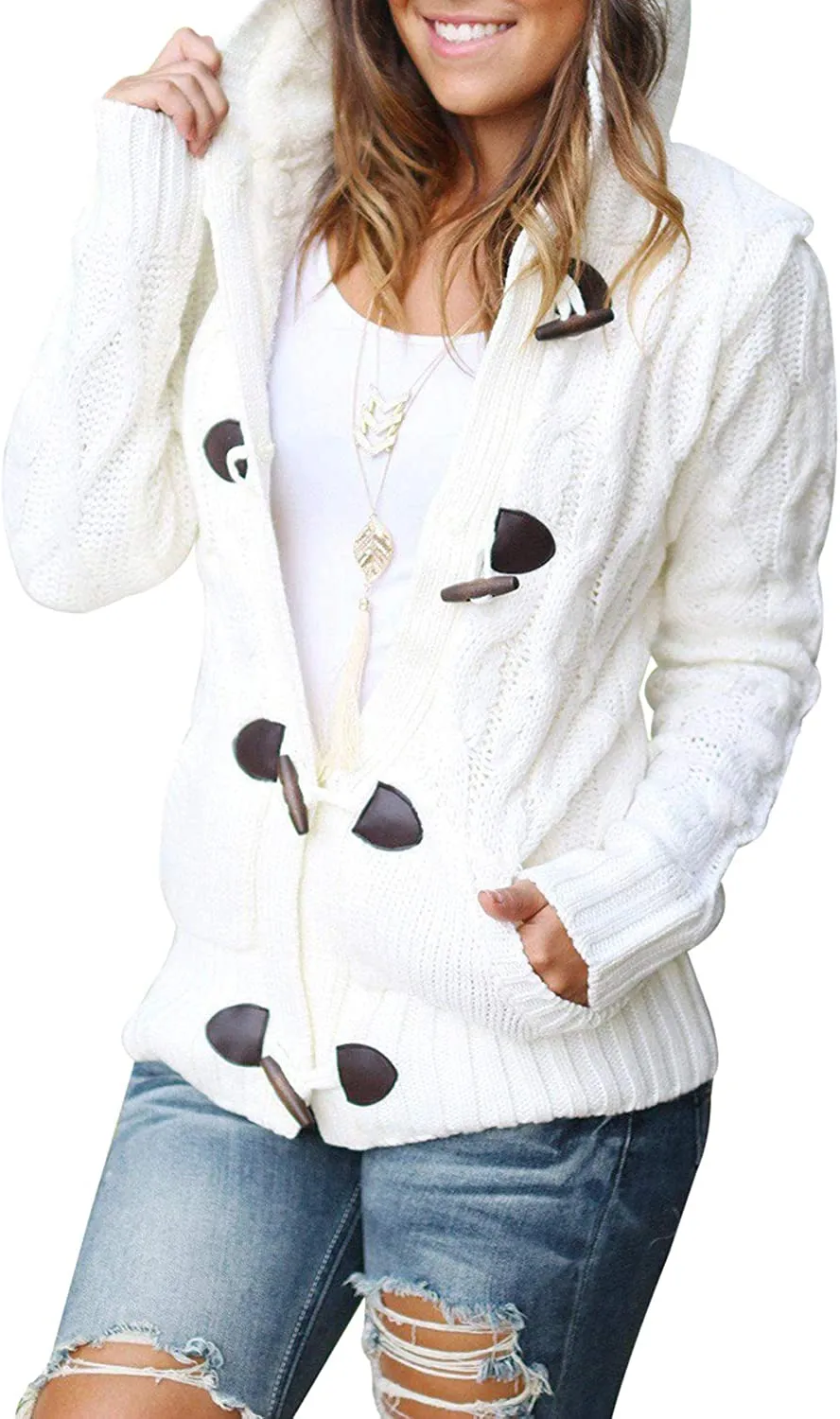 Womens Hooded Cardigans Button Up Cable Knit Sweater Coat Outerwear with Pockets