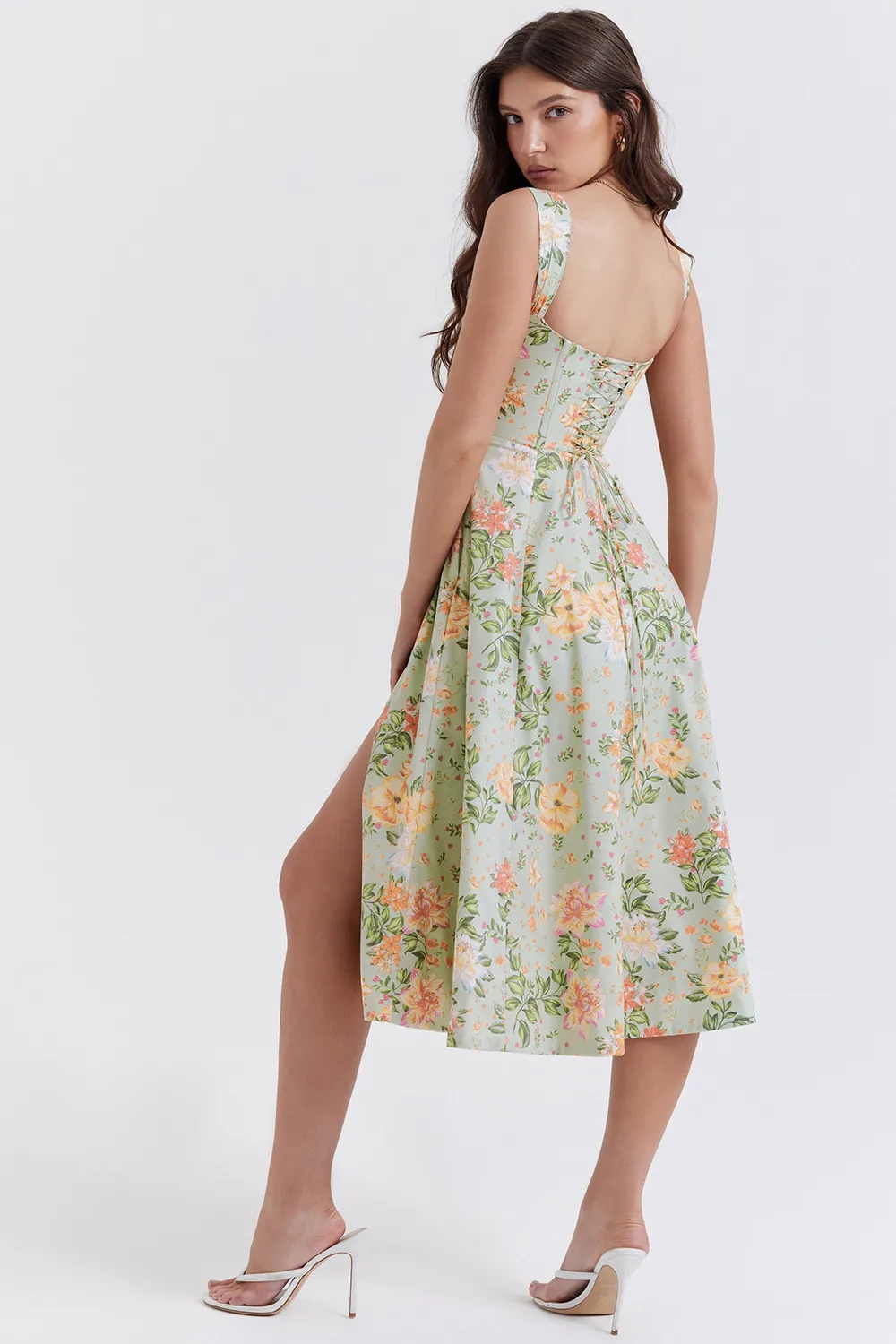 FLORAL LACE-UP CORSET A-LINE SUN DRESS
