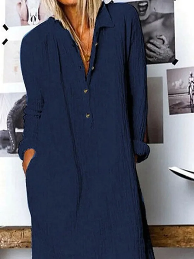 Women‘s Casual Dress Shirt Dress Shift Dress Midi Dress Yellow Navy Blue White Long Sleeve Pure Color Button Winter Fall Spring Shirt Collar Basic Winter Dress Daily Vacation 2023 S M L XL XXL 3XL