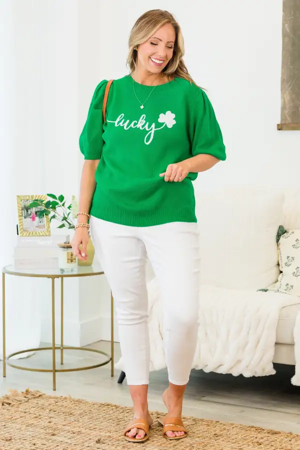 Lucky To Be Here Sweater, Kelly Green