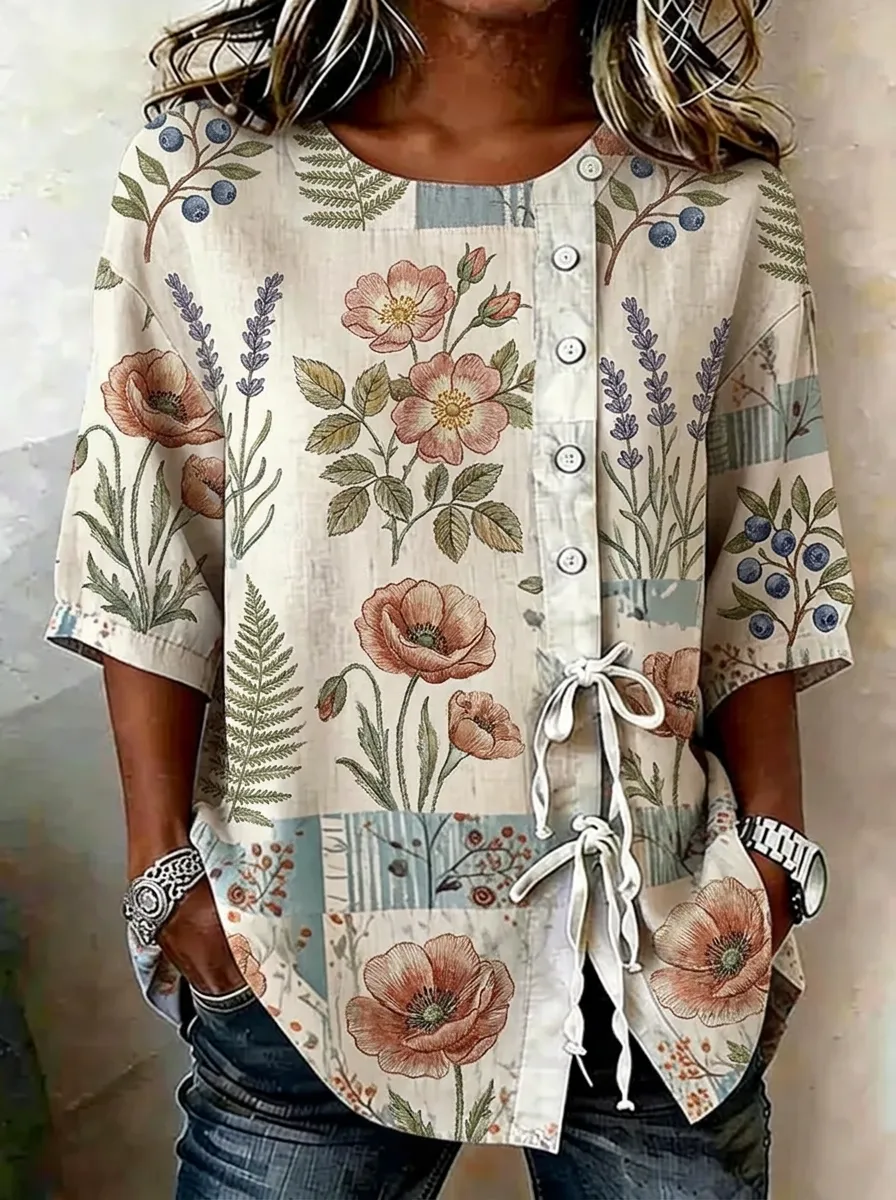 Women's Nashville Botanical Poppy Lavender Printed Button-Up Top