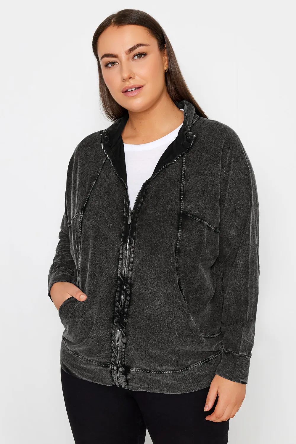Evans Black Acid Wash Zip Up Sweatshirt