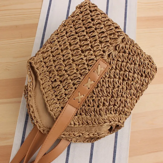 Women's Tote Crossbody Bag Straw Daily Going out Solid Color Dark Brown Beige