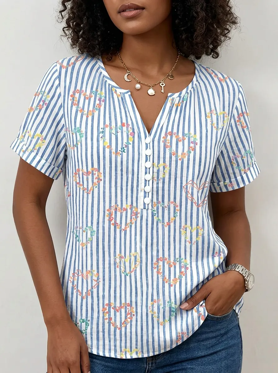 Women's Nashville Floral Heart Striped Printed V-Neck Top