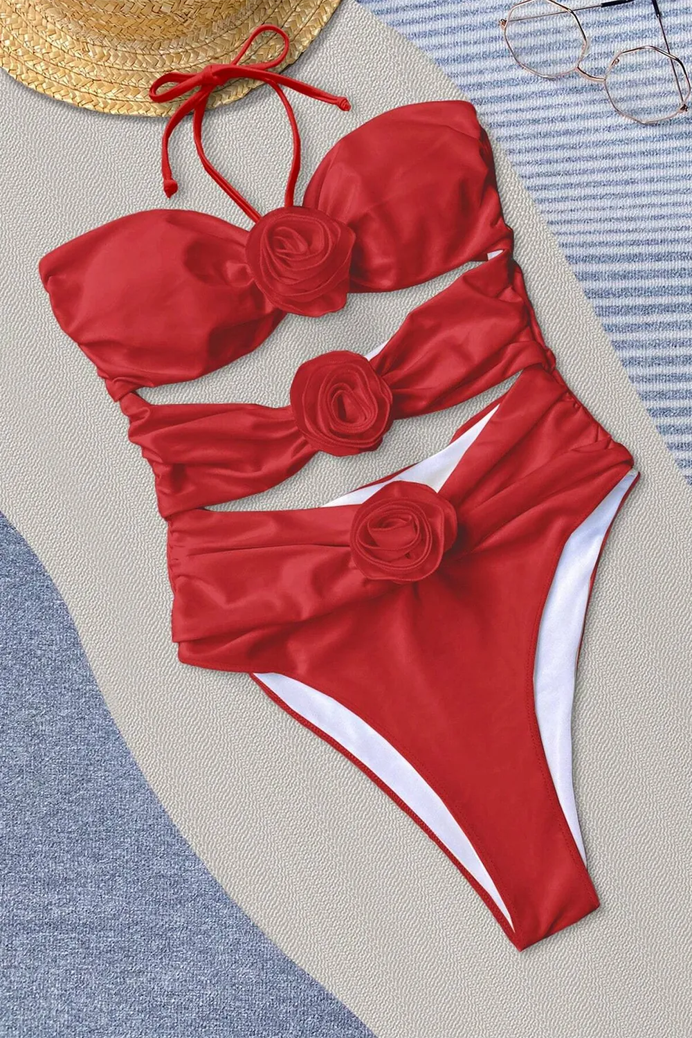 Bikinx Monochrome Halter Neck 3d Flower Decoration Sexy One-piece Swimsuit