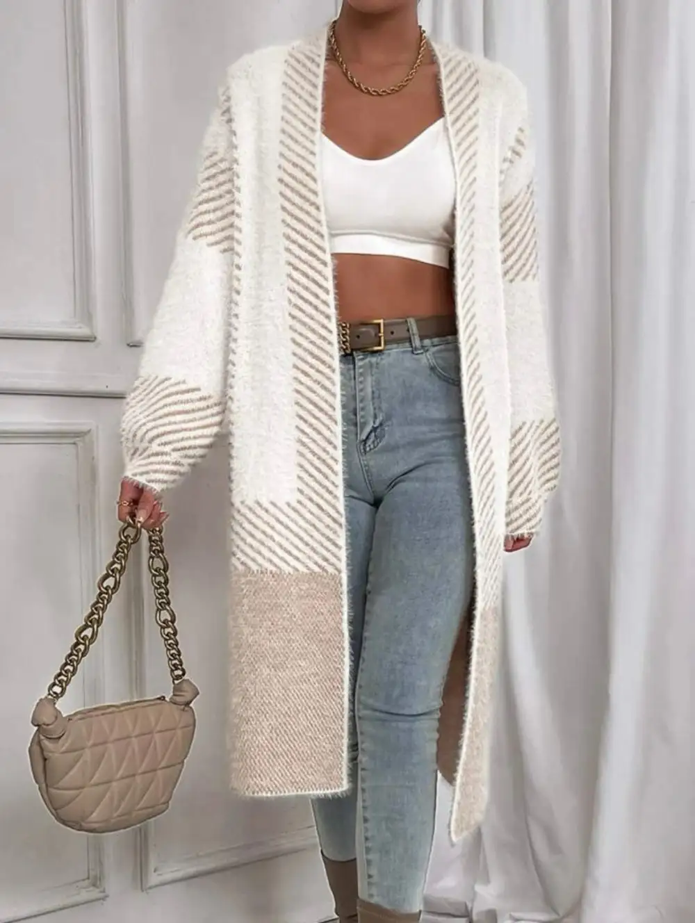 Long Fuzzy White & Brown Cardigan