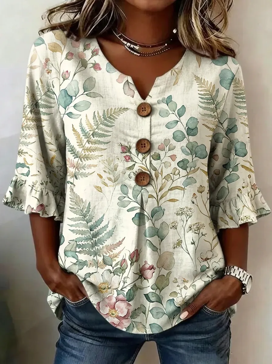Women's Nashville Botanical Fern Floral Printed V-Neck Button Top