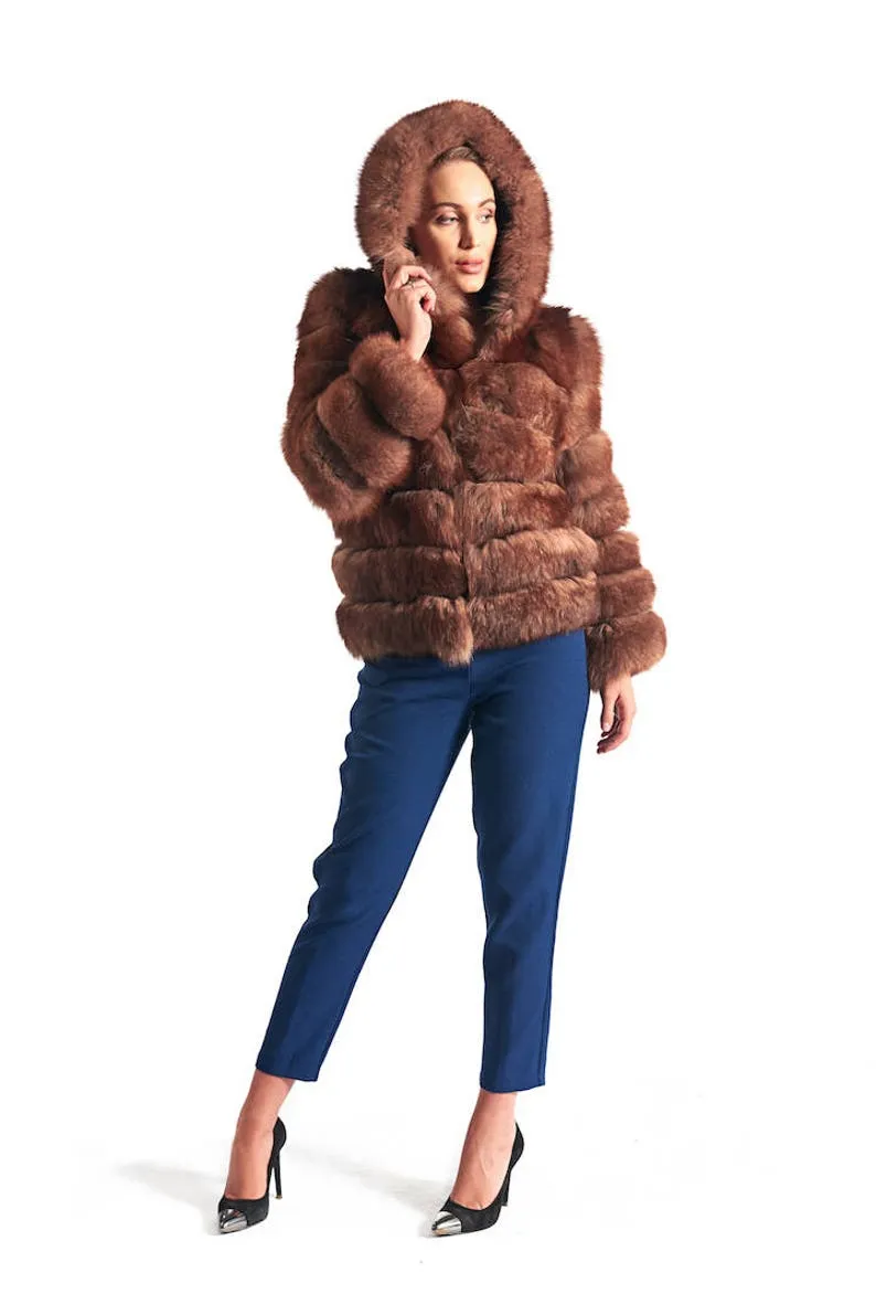 Brown  Fox Fur Coat Women's Hooded