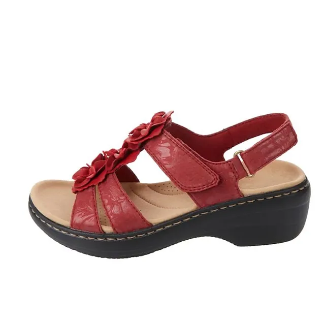 Women's Sandals Wedge Sandals Comfort Shoes Outdoor Daily Beach Summer Flower Wedge Heel Open Toe Classic Casual PU Leather Polyester Buckle Solid Color Floral Solid Colored Black White Yellow