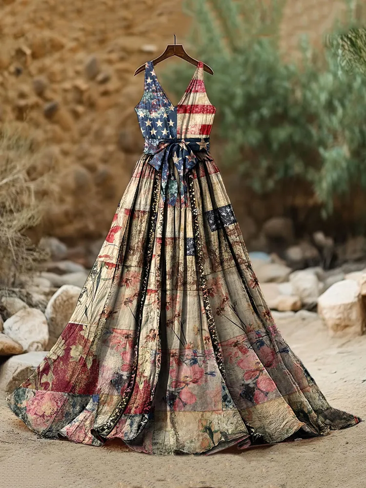 Women's Independence Day American Flag 4th Of July Floral Patchwork Art  Sleeveless Dress