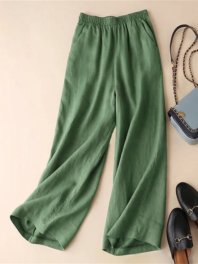 Women's Wide Leg Pants Casual Maillard Chinos Baggy Ankle-Length Cotton And Linen Pocket Micro-elastic High Waist Fashion Streetwear Daily Wear Black White M L Summer  Fall