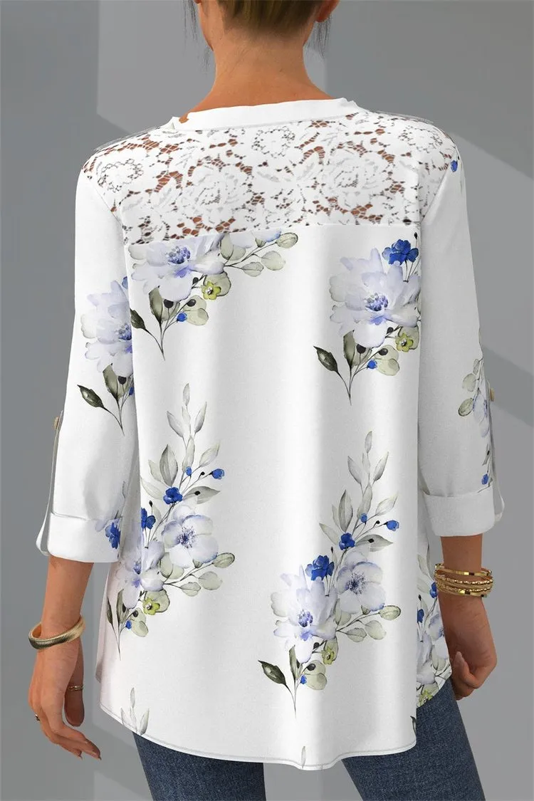 Plus Size Lace Patchwork V Neck Floral Print Blouse/Top