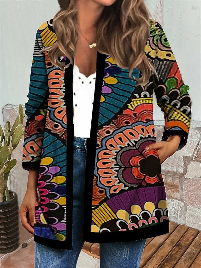 Women's Jacket Casual Jacket Regular Coat Floral Print Round Neck Regular Fit Casual Baroque Jacket Long Sleeve Green Blue Winter Fall Daily Holiday