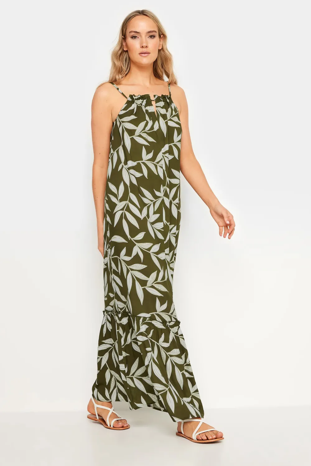 LTS Tall Olive Green Leaf Print Ruched Neck Maxi Dress