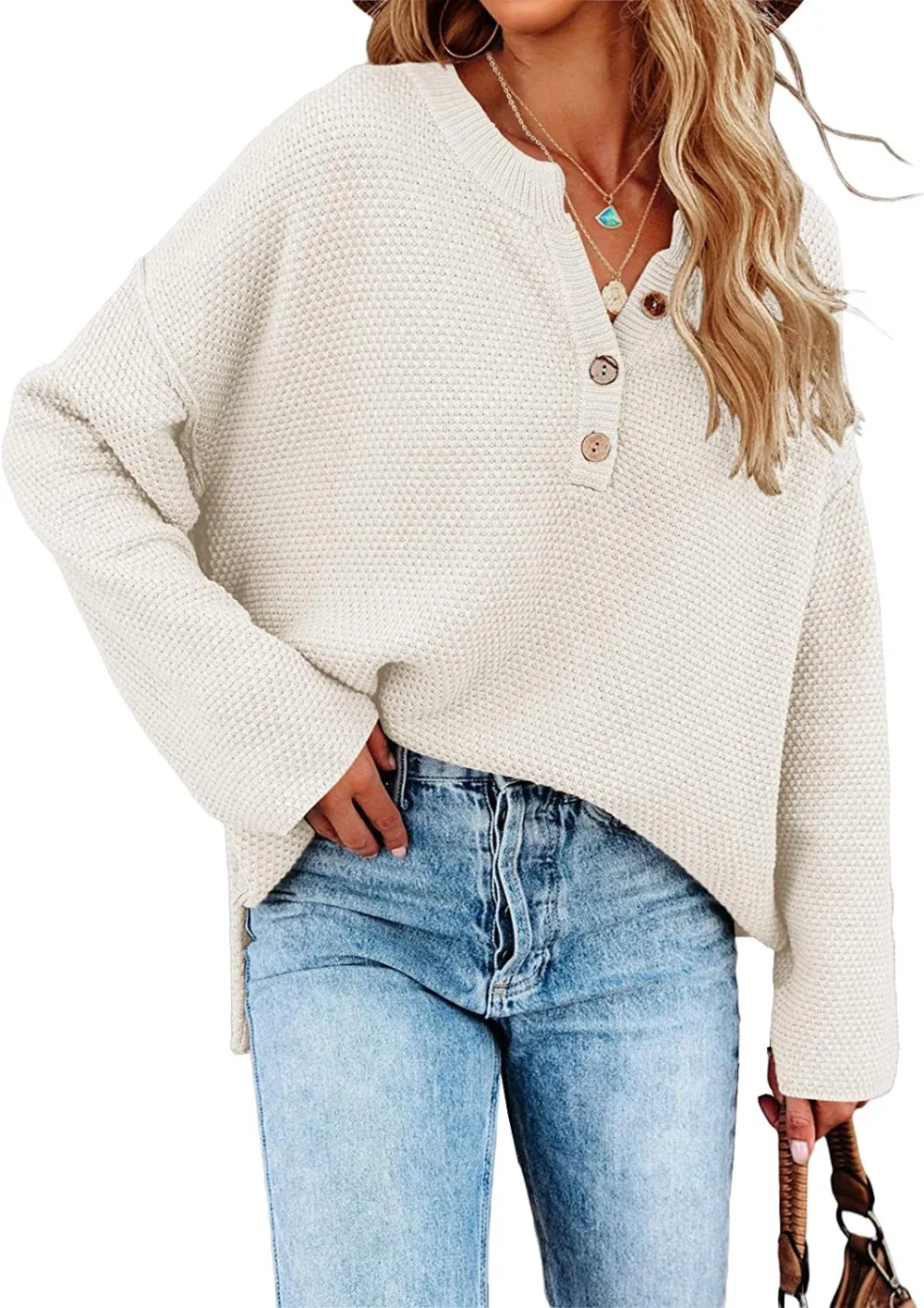 Women's Oversized Sweaters Batwing Long Sleeve Loose V Neck Button Henley Tops Pullover Knit Jumper
