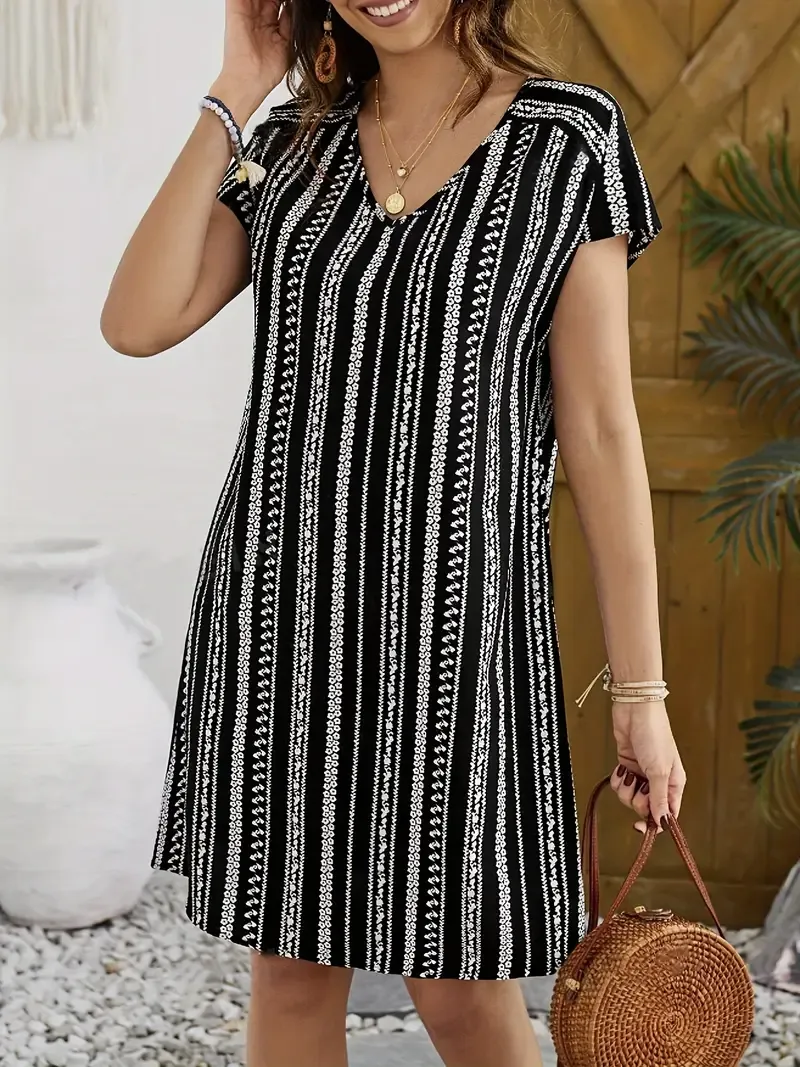 Striped V Neck Loose Dress - Casual Short Sleeve Dress For Spring & Summer