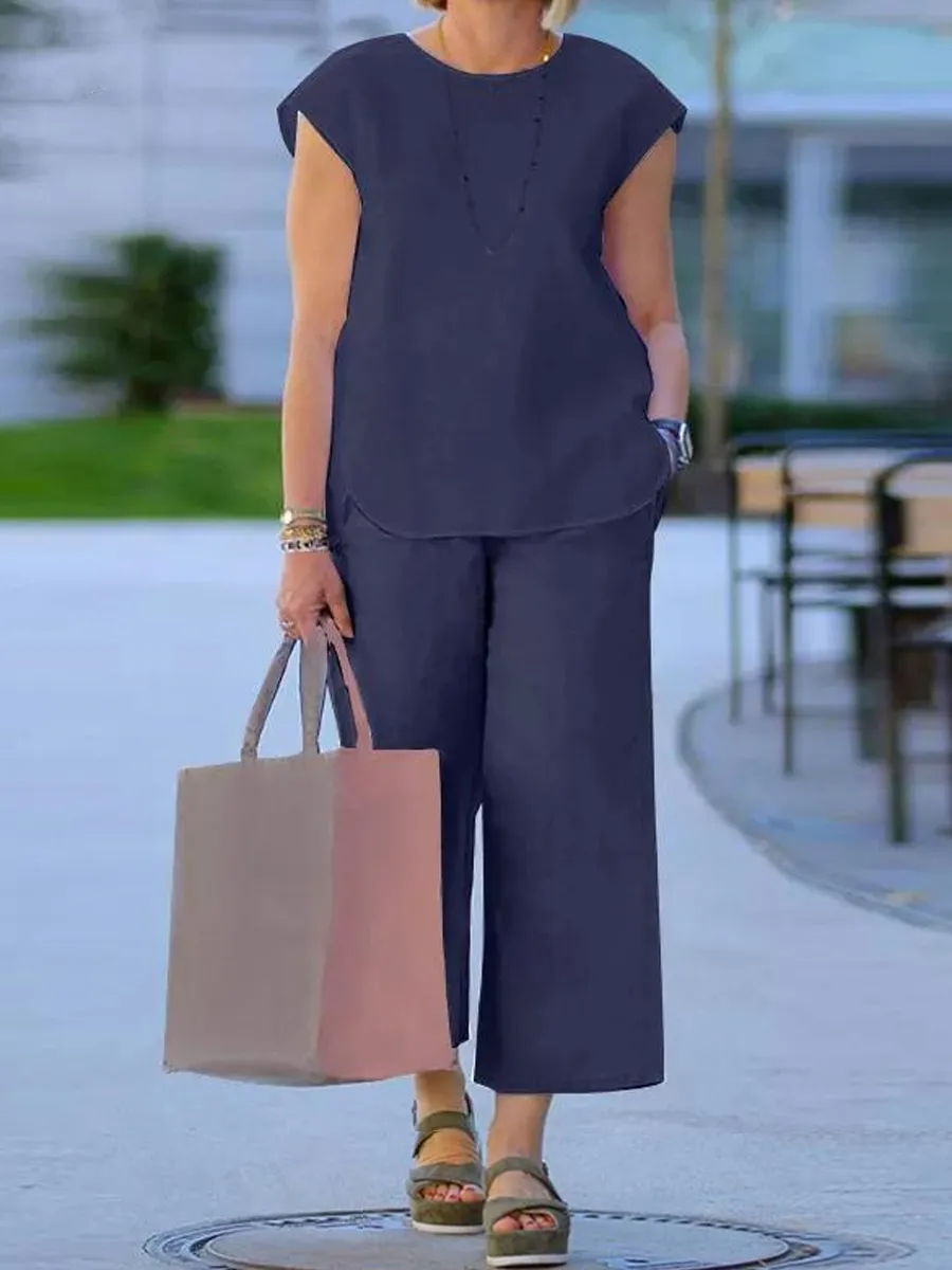 Summer Cotton Linen Loosen Casual Sleeveless Top And Pants Suit
