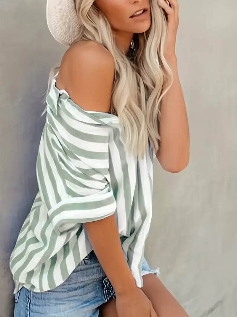 Button Up Striped Shirt, Loose Casual Top For Spring & Summer, Women's Clothing