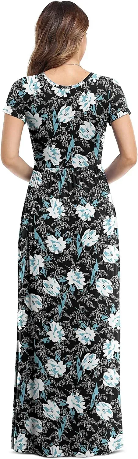 Women's Short Sleeve Loose Plain Maxi Dresses Casual Long Dresses with Pockets