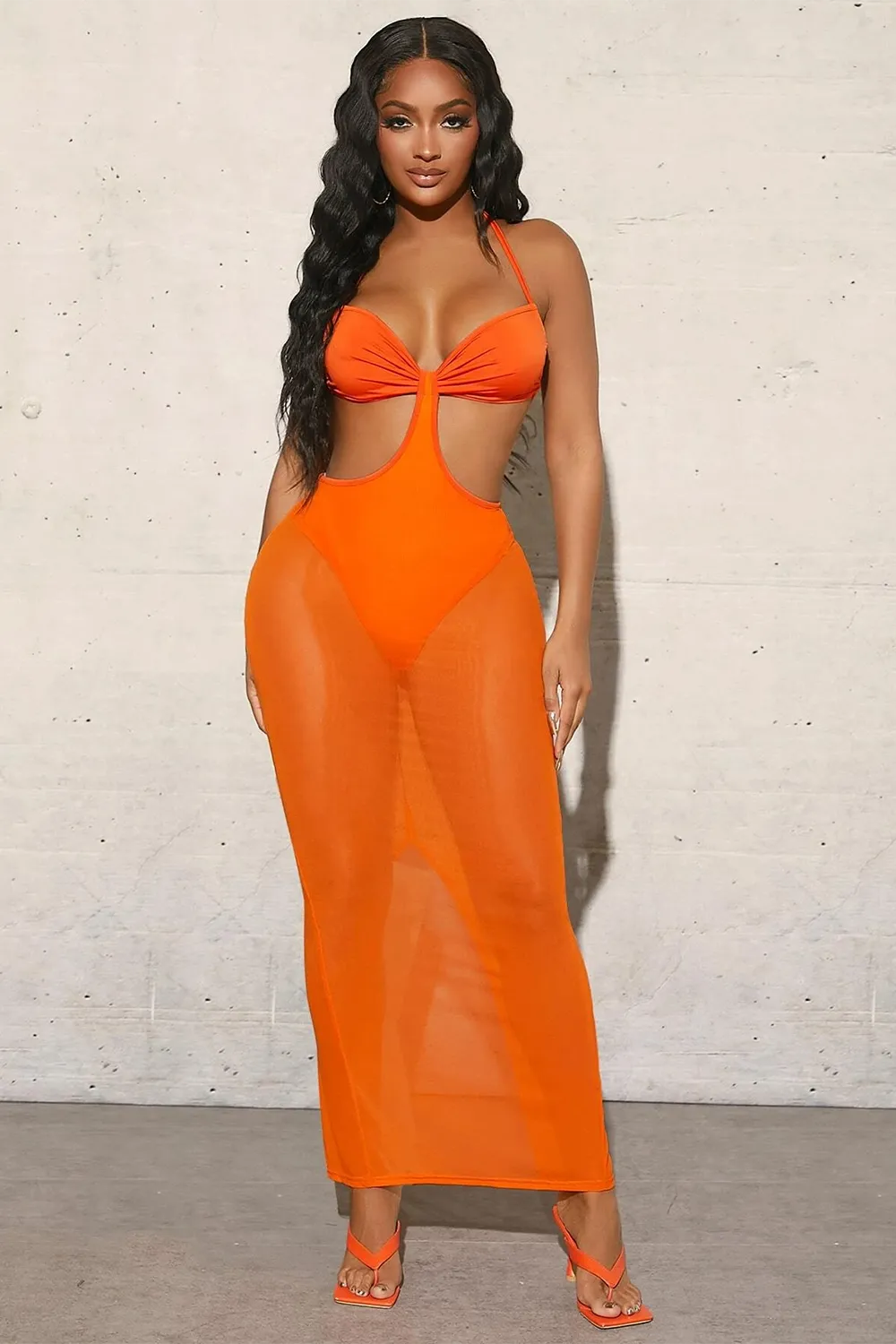 Ruched Bust Tie Backless Split Hem Panty Insert Halter Mesh Dress