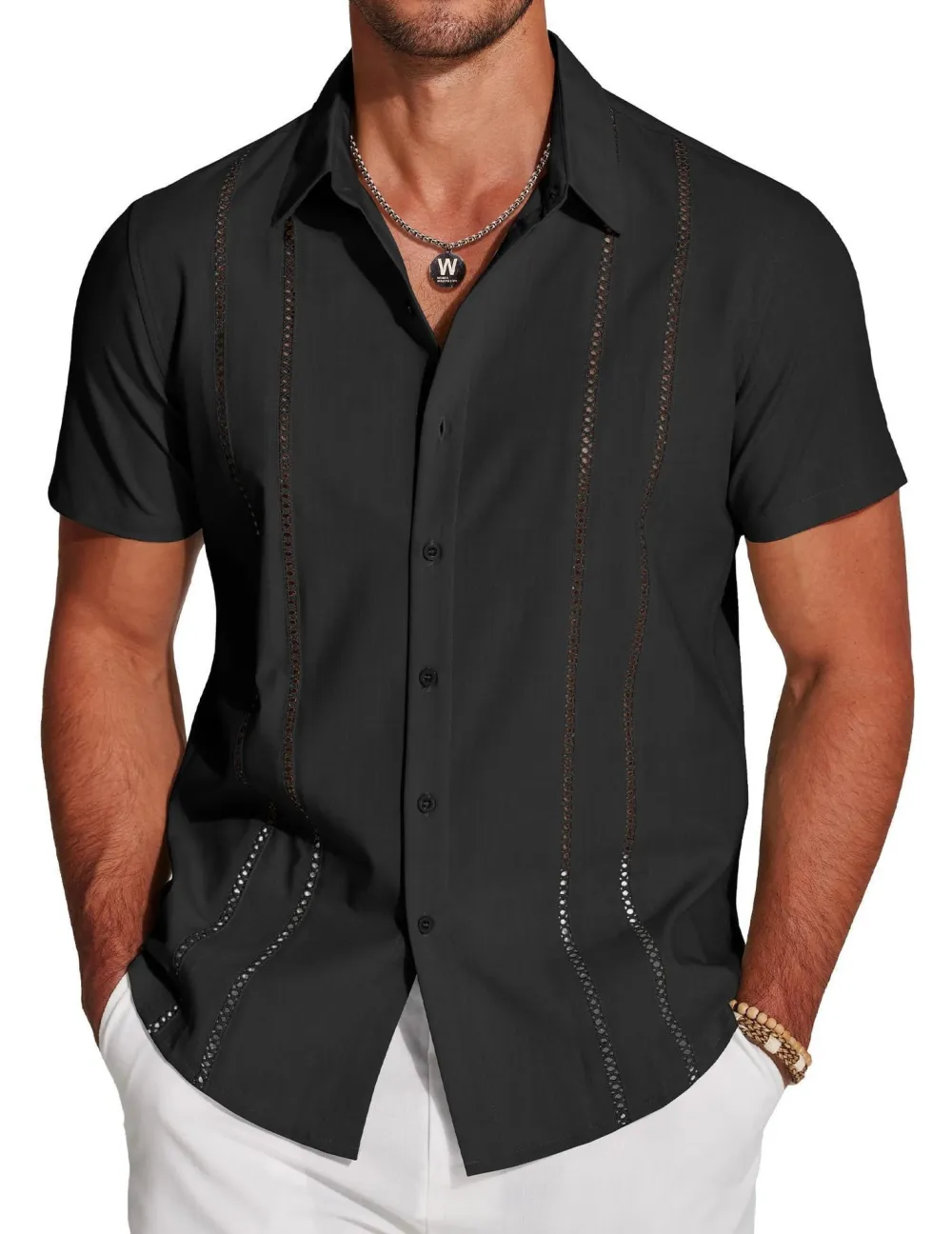 🔥Men's Cuba Guayabera Exquisite Hollow Embroidered Button Front Shirt