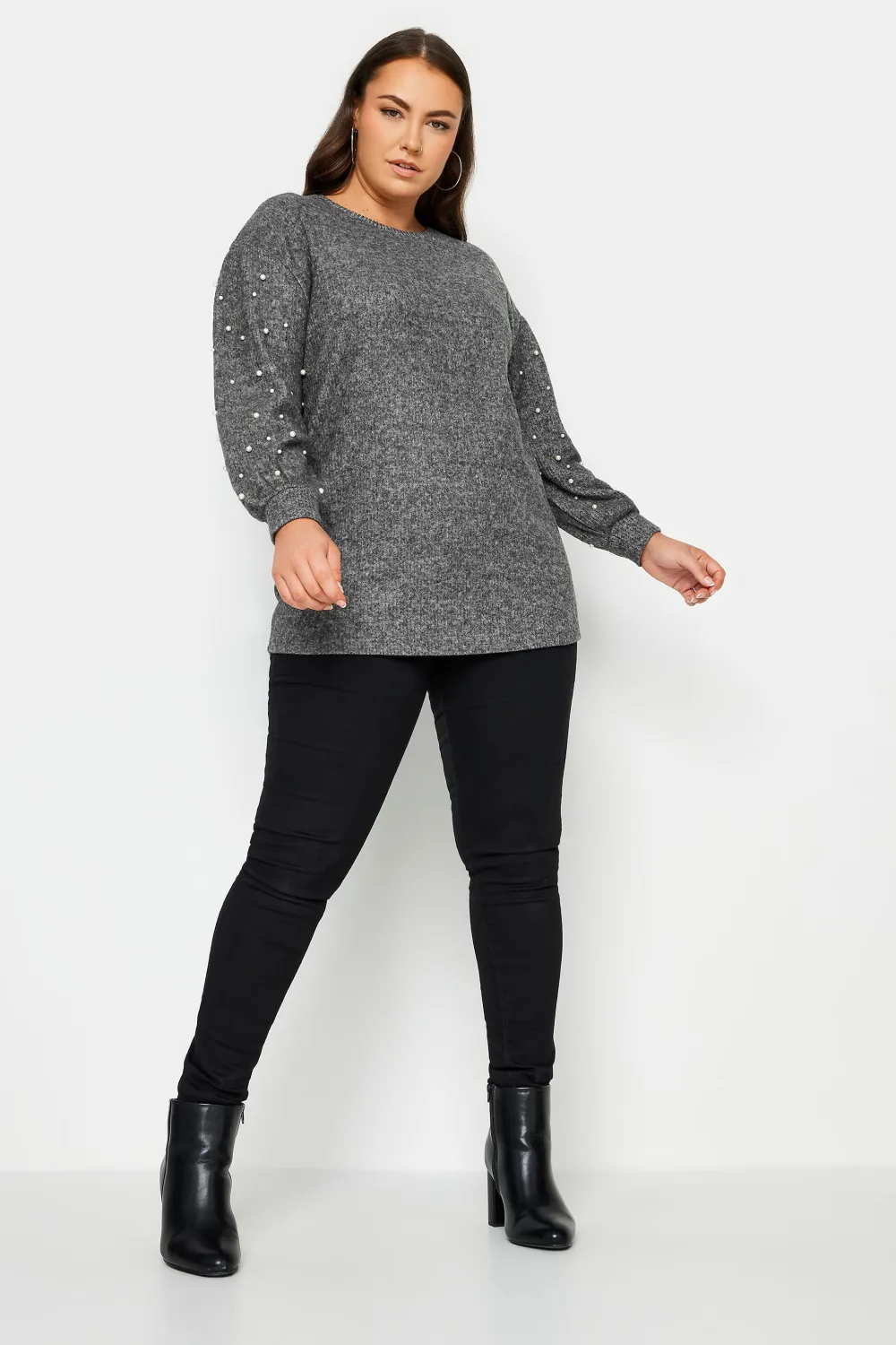 YOURS Curve Grey Pearl Embellished Soft Touch Sweatshirt