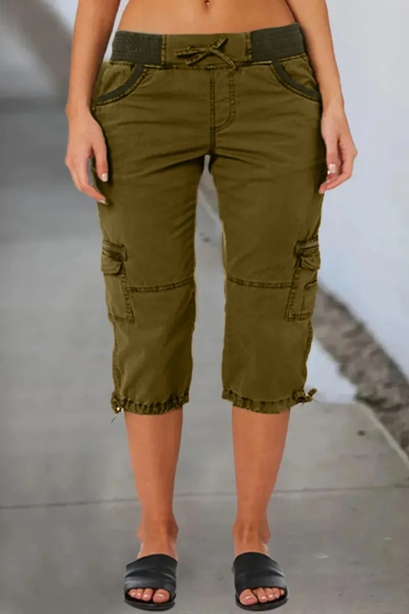 Drawstring Waist Flap Pocket Design Capris Pants