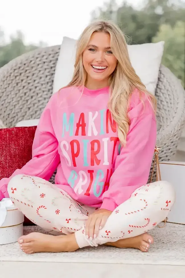 Making Spirits Bright Pink Oversized Graphic Sweatshirt