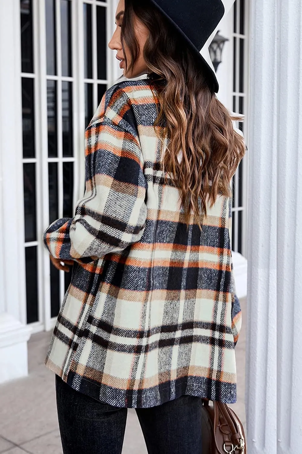 Women's Flannel Plaid Shacket Long Sleeve Button Down Chest Pocketed Shirts Jacket Coats