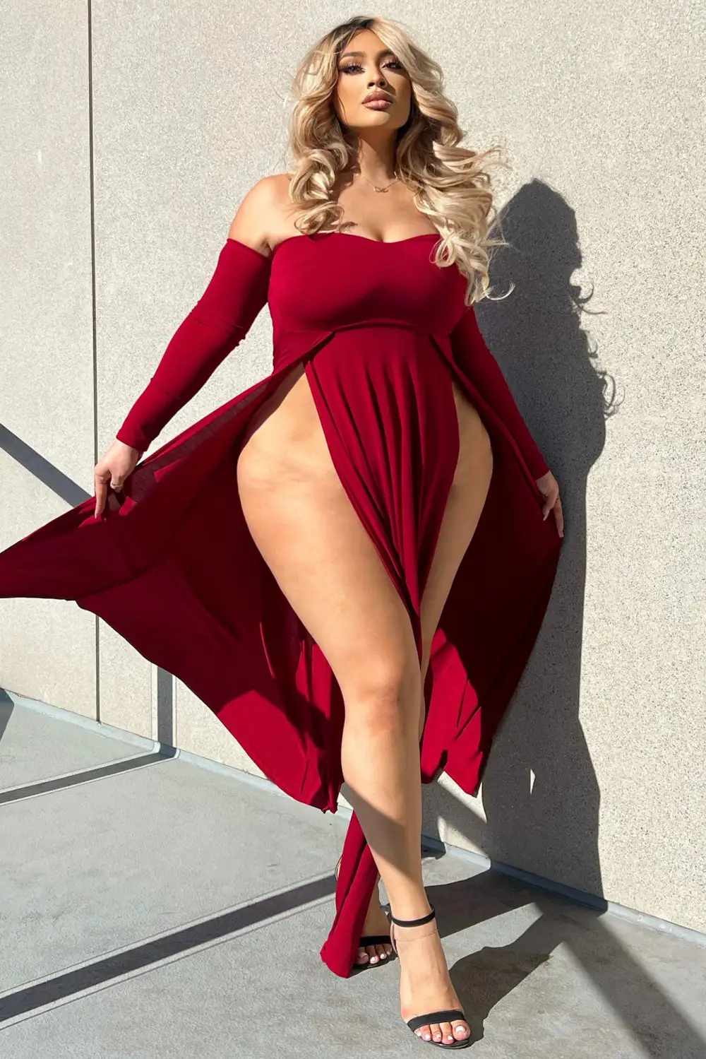 Elegantly Fab Off Shoulder Maxi Dress - Wine
