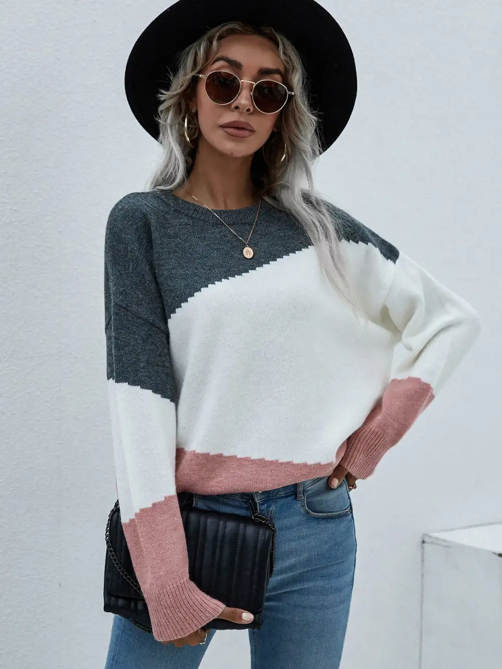 Color Block Dropped Shoulder Pullover Sweater