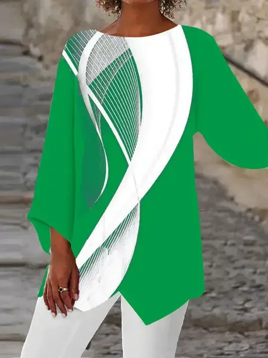 Women Asymmetrical 3/4 Sleeve Scoop Neck Striped Stitching Tops