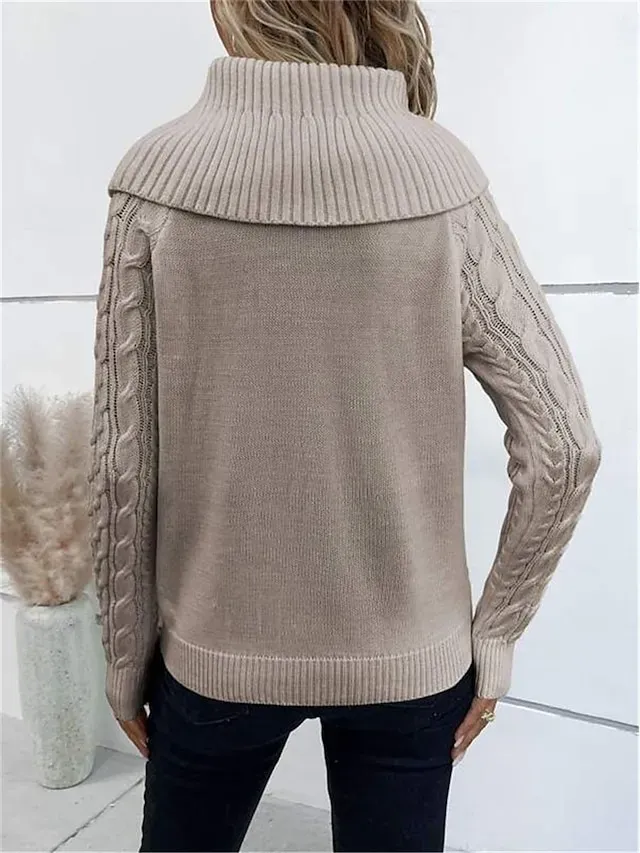 Women's Sweater Pullover Sweater Jumper Casual Soft Pure Color Ribbed Turtleneck Buttons Knitted Long Sleeve Regular Tops Knit Outdoor Daily Weekend Wine Khaki Fall Winter