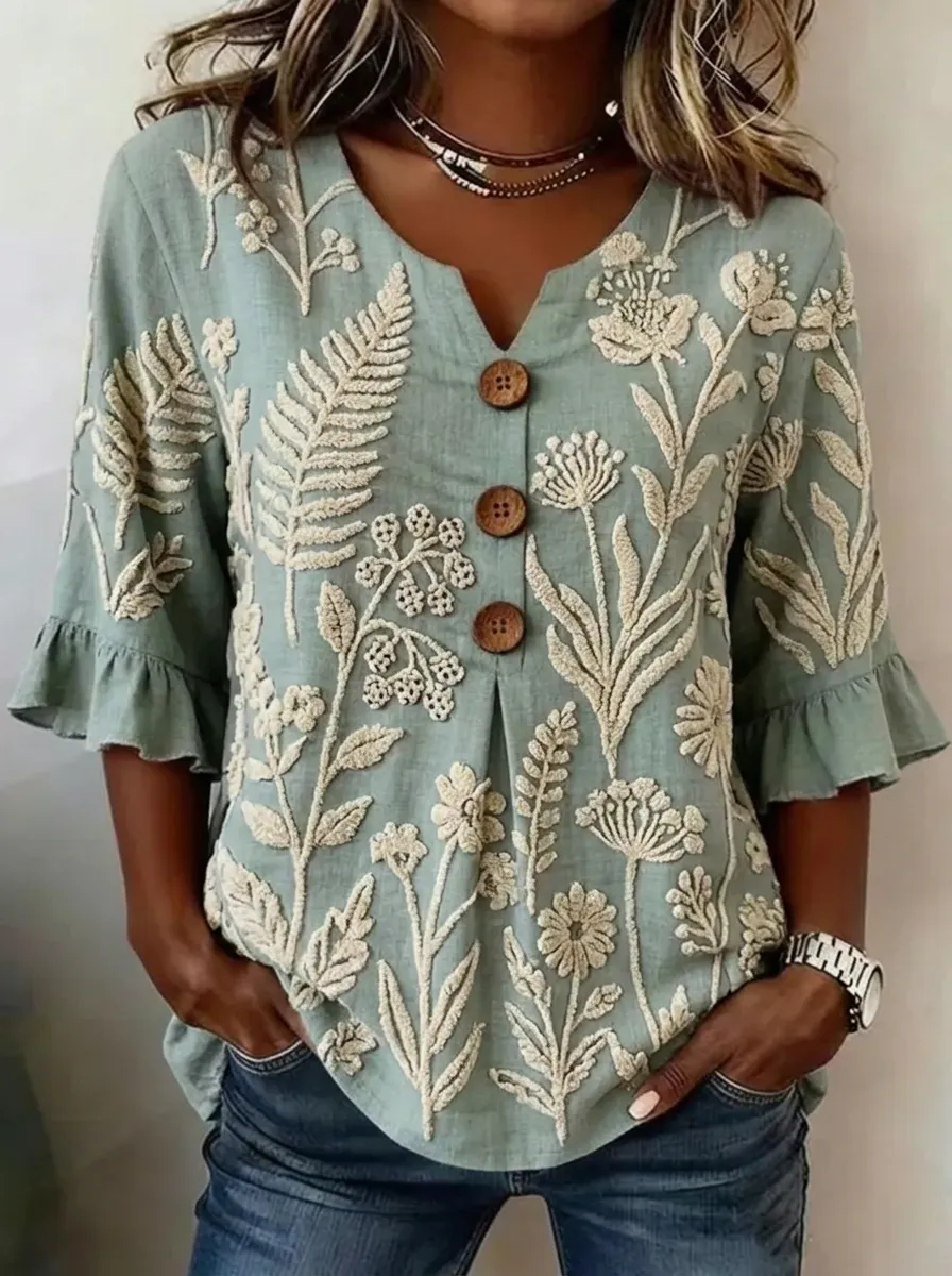 Women's Nashville Botanical Floral Embroidered Buttoned Ruffle Top