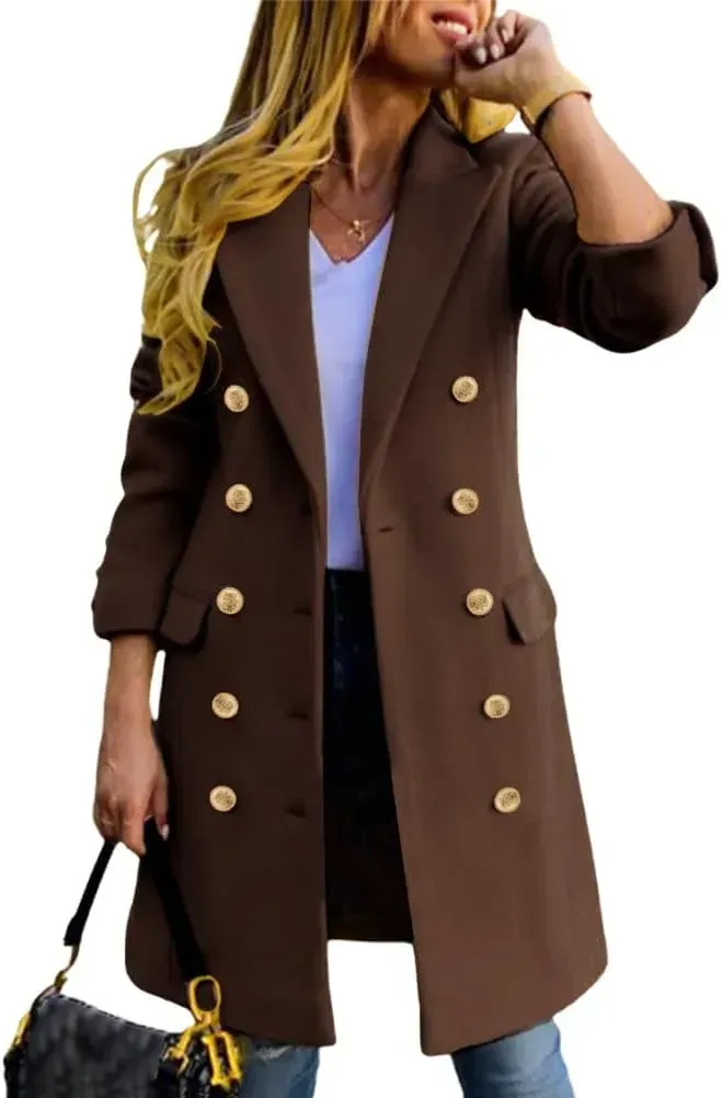 Womens Fall Winter Wool Coats Double Breasted Midi Peacoat Trench Coats