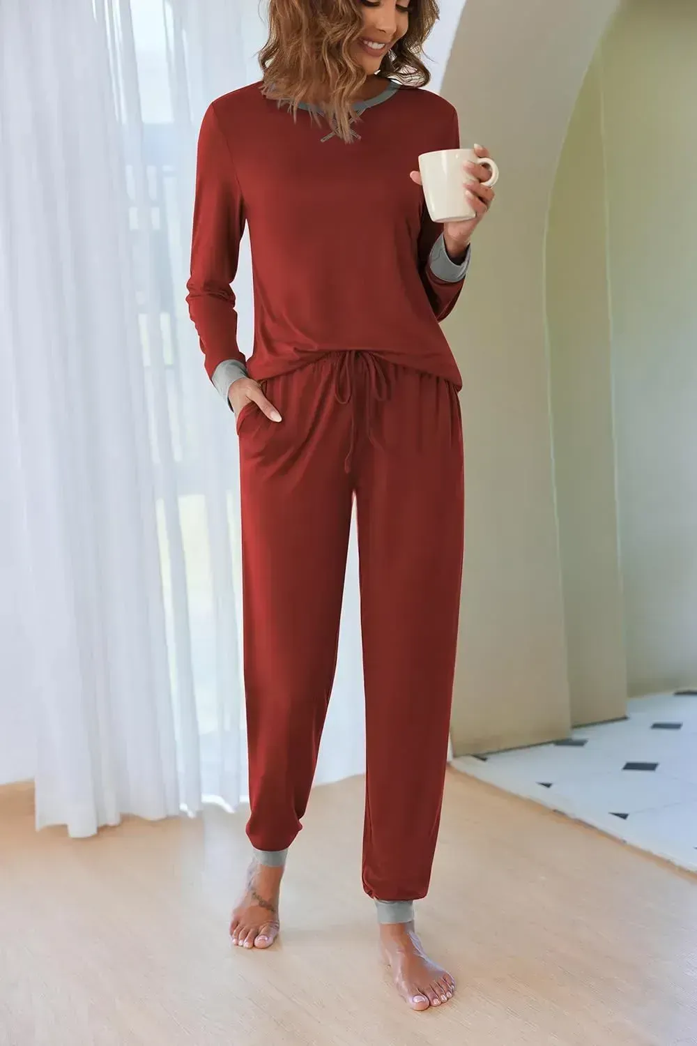 Women's Pajamas Sets Long Sleeve with Plaid Pants Soft Sleepwear O Neck 2 Piece Pjs Joggers Loung Set with Pockets