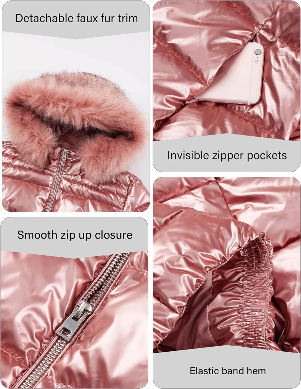 Womens Lightweight Puffer Jacket, Winter Coats for Women Warm Quilted Bubble Padded Hood Coat with Faux Fur Collar