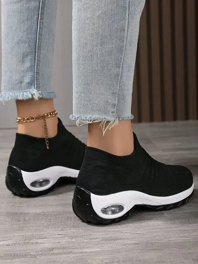 Sports Color Block Breathable Slip On Block Heel Fly Woven Shoes