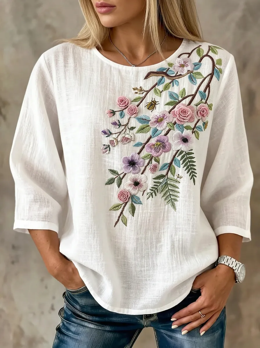 Women's Nashville Floral Botanical Embroidered Printed Top