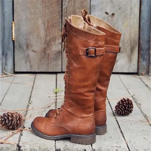 Women's Boots Plus Size Lace Up Boots Vintage Shoes Outdoor Daily Knee High Boots Winter Buckle Flat Heel Round Toe Vintage Casual Minimalism Faux Leather Zipper Lace-up Solid Color Black Red Brown