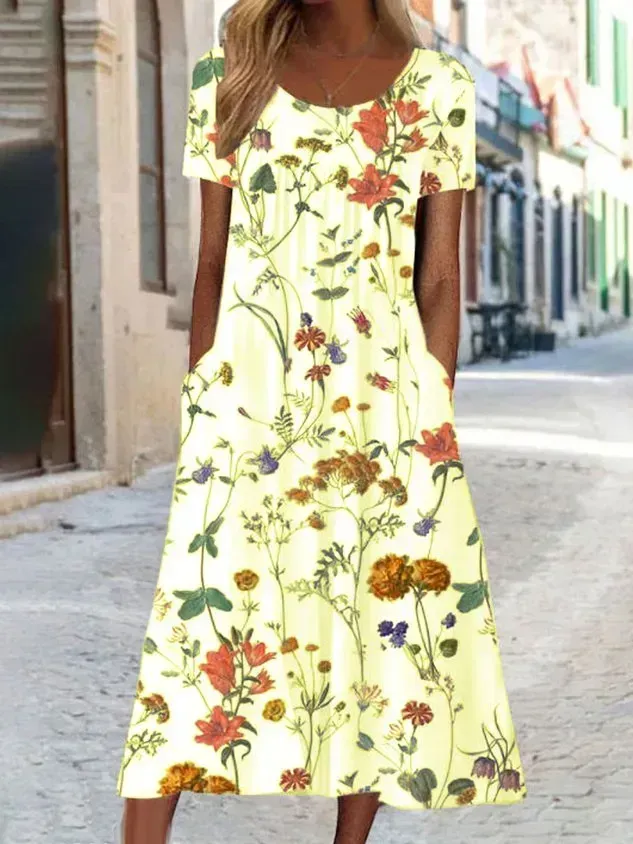 Blumenmuster Midi-Kleid Jersey Rundhals Kurzarm lässiger Stil Noracora