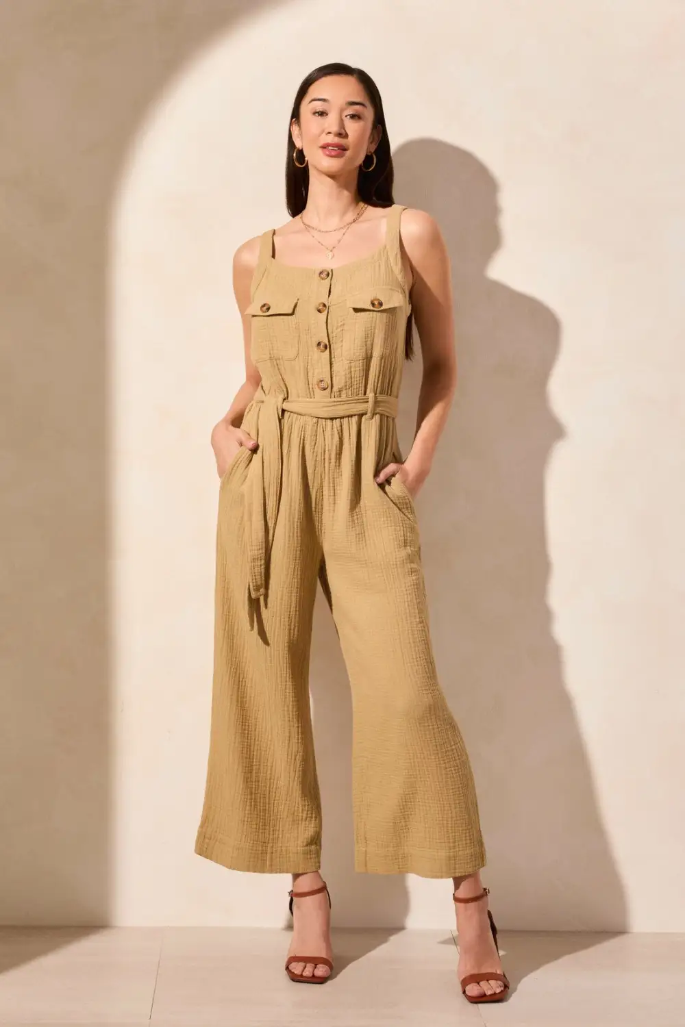 Cotton Gauze Belted Jumpsuit-Nudeolive
