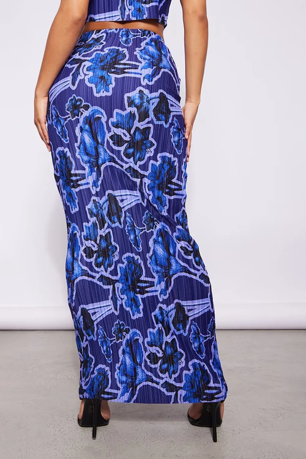 Blue Print Plisse Strappy Cowl Neck Top And Skirt Set